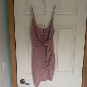 Pink Glitter V Neck Mini Dress With Rhinestone straps